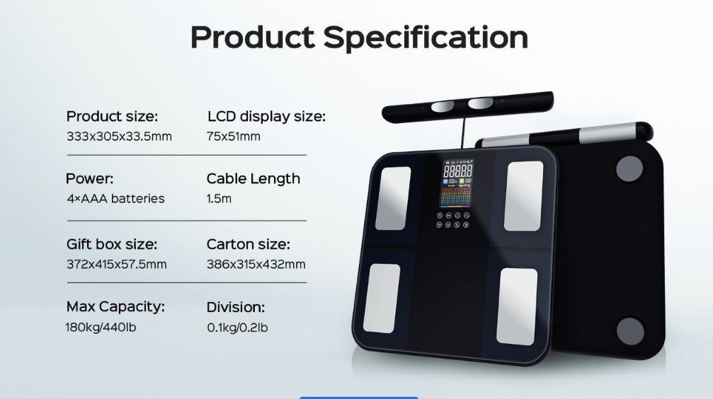 Product specification sheet for a digital body scale, showing a black and silver scale on the right with text on the left detailing product size, LCD display size, power, cable length, gift box size, carton size, max capacity, and division.