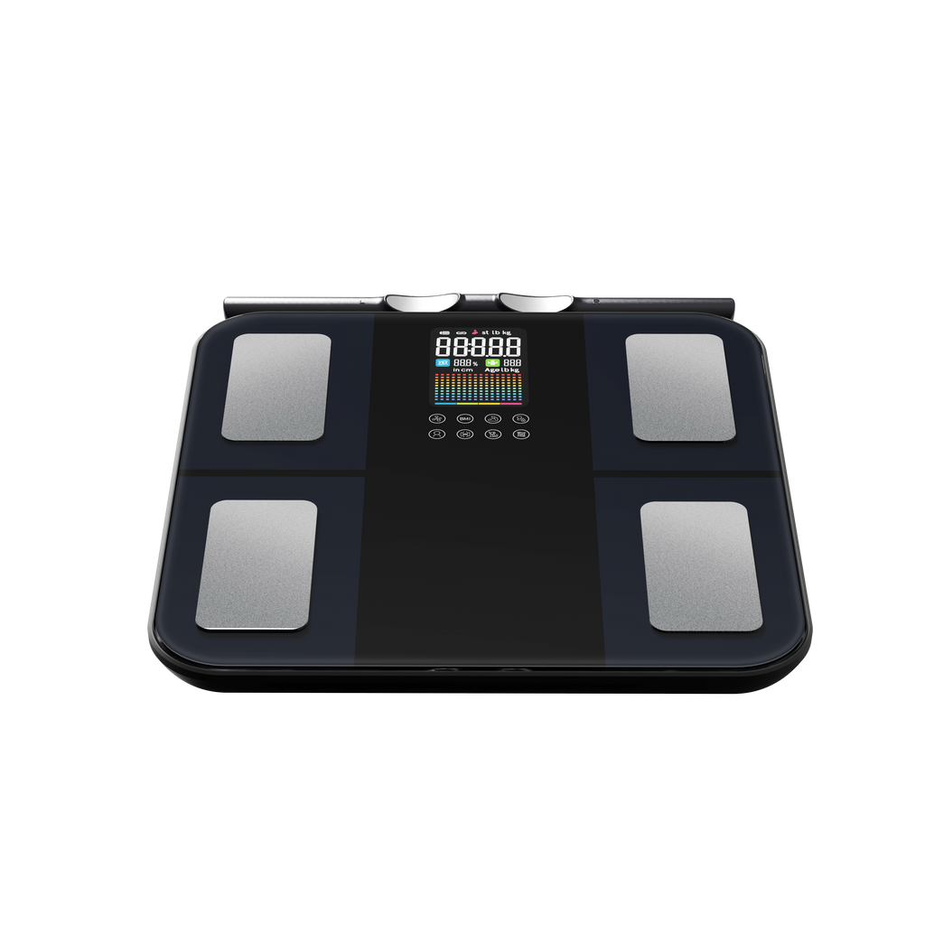 A black glass body massager with four silver metallic electrodes and a central digital display screen, shown on a solid white background.