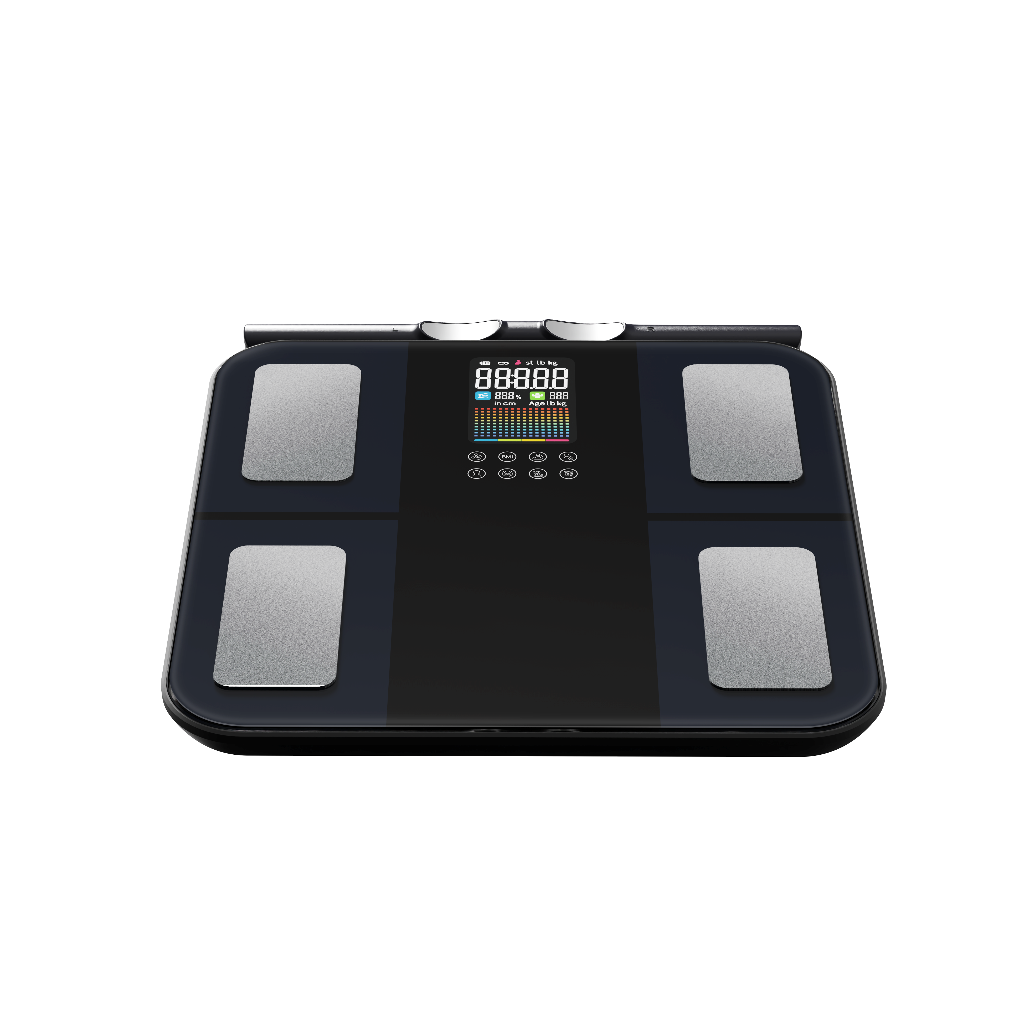 A black glass body massager with four silver metallic electrodes and a central digital display screen, shown on a solid white background.