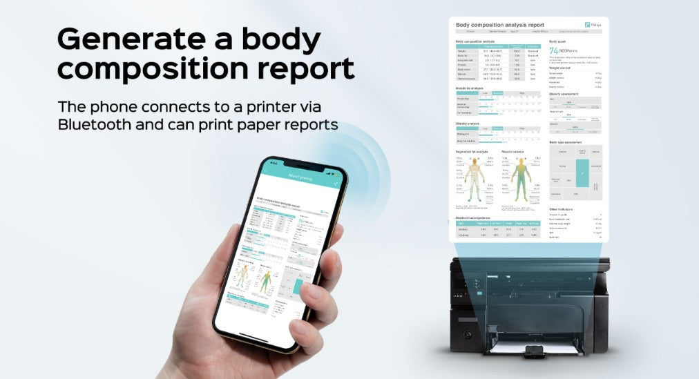 A hand holds a smartphone displaying a body composition report app, with a blue wireless signal graphic between the phone and a printer. The printer projects a body composition analysis report onto a wall, with text on the left reading 'Generate a body composition report'.