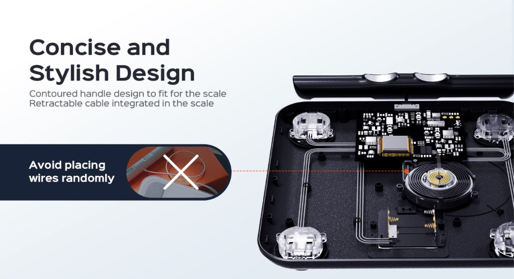 A black retractable cable suitcase shown open on a light gray background, with marketing text on the left describing its concise and stylish design and a callout about avoiding random wire placement.
