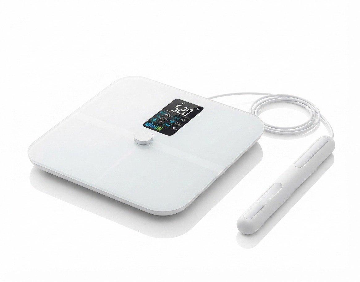 A white electronic body composition scale with a small digital display screen, shown alongside a matching white sensor probe on a clean white background.