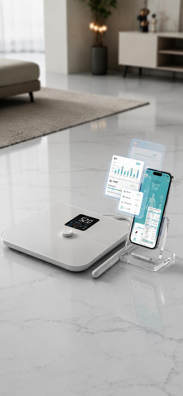 A white digital body fat scale with a black display screen sits on a light marble floor next to a clear acrylic stand holding a smartphone showing a health app interface. The background shows a softly blurred modern living room interior.