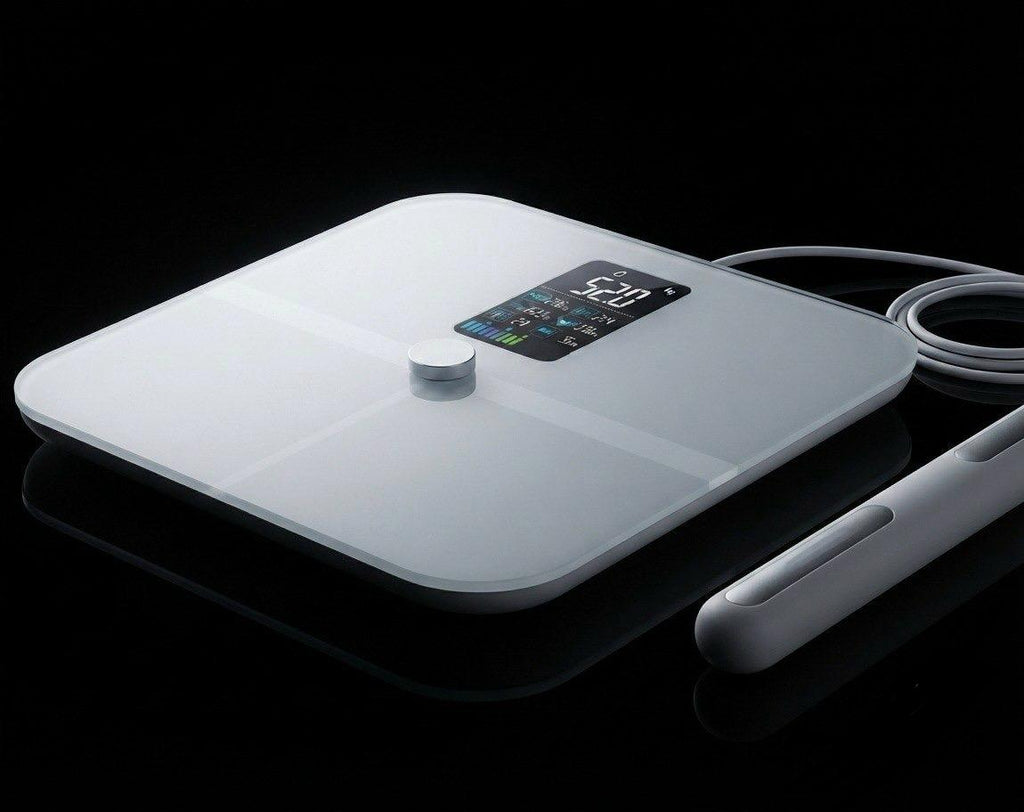 A sleek white digital body scale with an integrated display screen and a matching white handheld sensor, shown on a reflective black surface against a dark background.