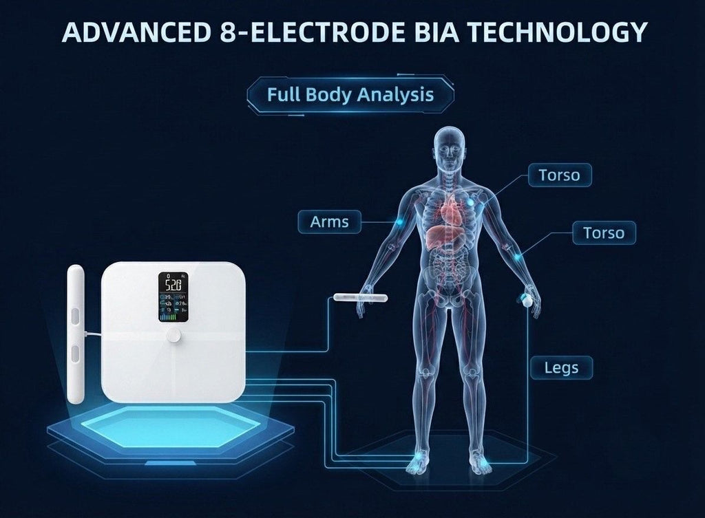 A white rectangular BIA scale with a digital display is shown beside a labeled human body model demonstrating full-body electrode placement. The image includes text reading 'ADVANCED 8-ELECTRODE BIA TECHNOLOGY' and 'Full Body Analysis,' with labels pointing to arms, torso, legs, and a central torso area on a dark blue background.