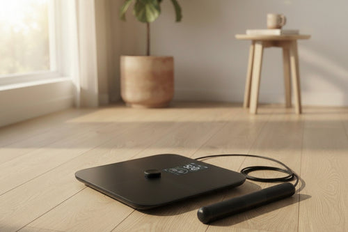A white digital body scale with a small black display and a connected white cable lies on a light wood floor in a bright, softly blurred room with a plant and small table in the background.