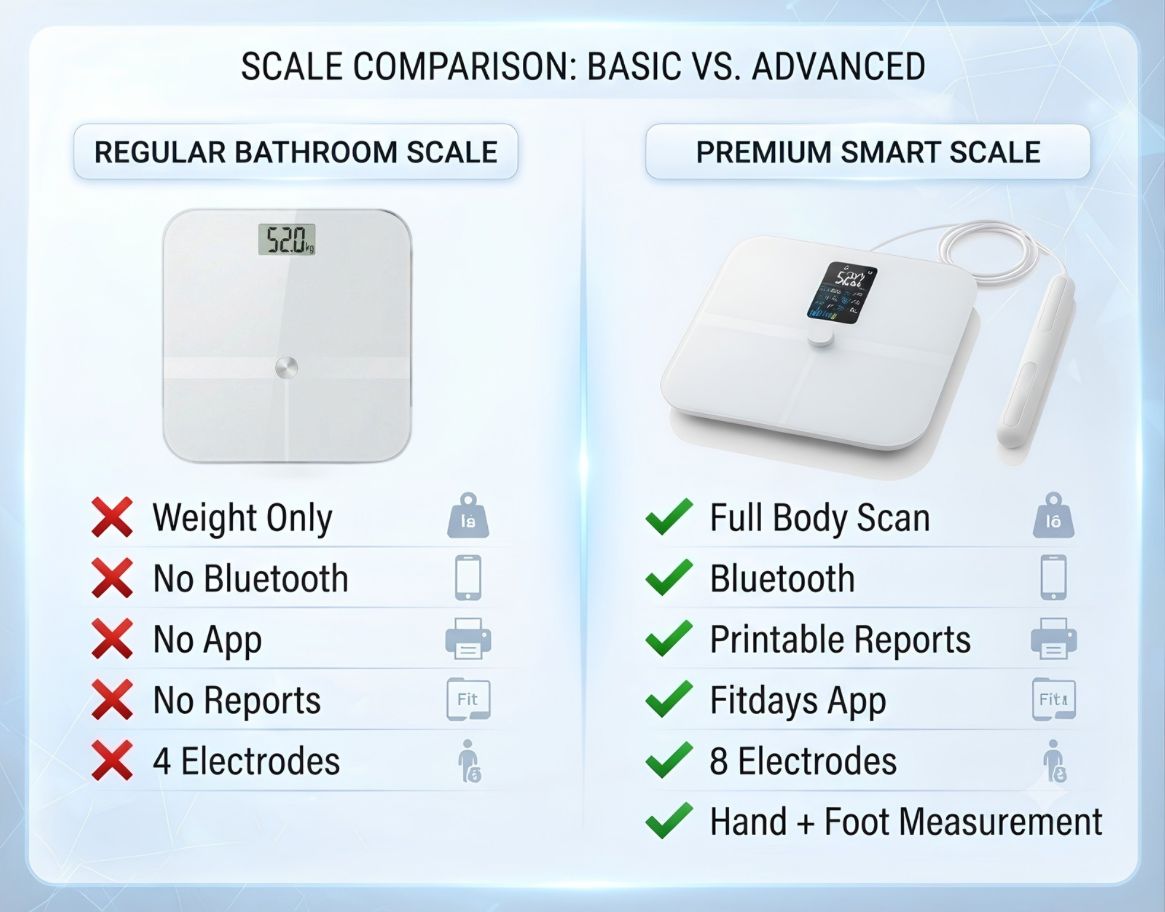 A comparison graphic titled 'SCALE COMPARISON: BASIC VS. ADVANCED' showing a regular bathroom scale on the left and a premium smart scale on the right, with feature checkmarks and crosses for weight, Bluetooth, app, reports, electrodes, and measurements.