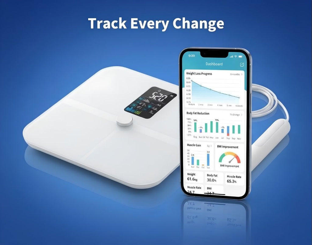 A white digital body fat scale with a small display screen, shown next to a smartphone displaying a fitness dashboard, on a blue gradient background with the text 'Track Every Change' at the top.