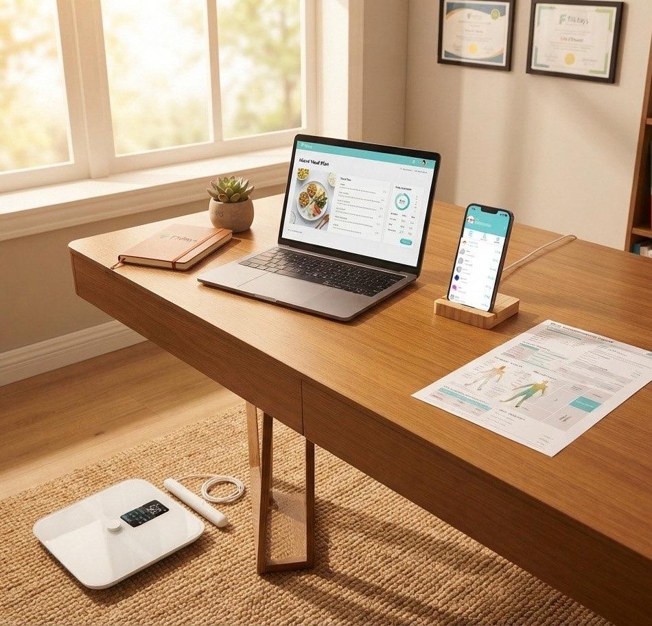 A lifestyle scene in a home office showing a digital health tracking setup on a wooden desk. A white foot scanner and a white wrist tracker are on the rug below the desk, with a laptop, smartphone on a wooden stand, and printed charts on the desk displaying health metrics.