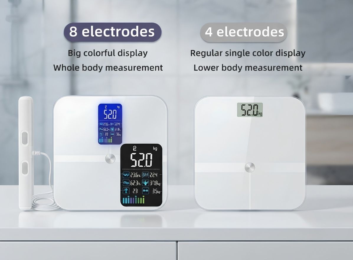 Two white electronic body scales are shown on a countertop with overlaid text describing electrode options: one labeled '8 electrodes' with a colorful display and one labeled '4 electrodes' with a single-color display. No person or animal is present, and the scene is a clean product presentation rather than a real lifestyle setting, so subject_type is Product/Packaging.