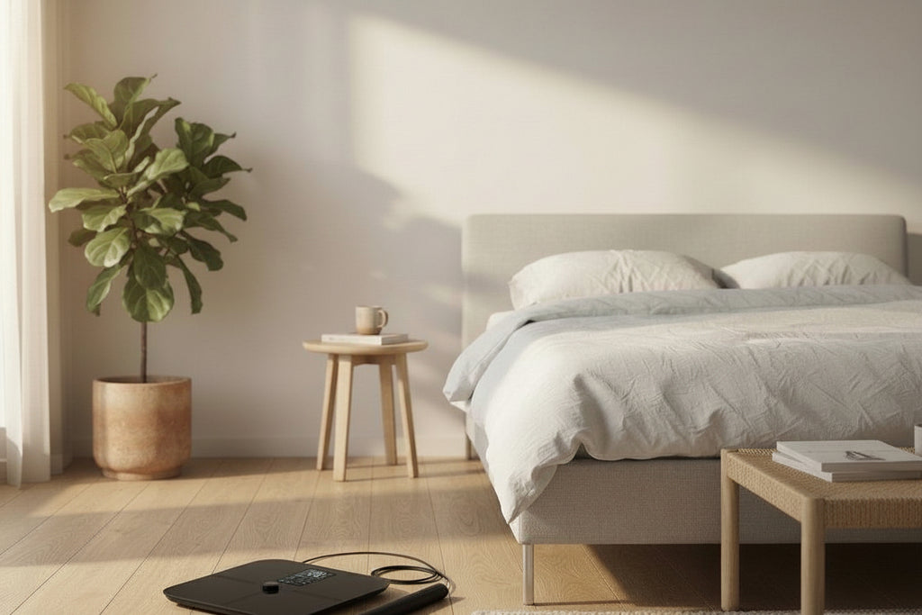 A white digital body scale with a white remote lies on a light wood floor in a softly lit bedroom. A bed with white bedding, a small wooden side table with a mug, a potted plant, and a rug are visible in the room.