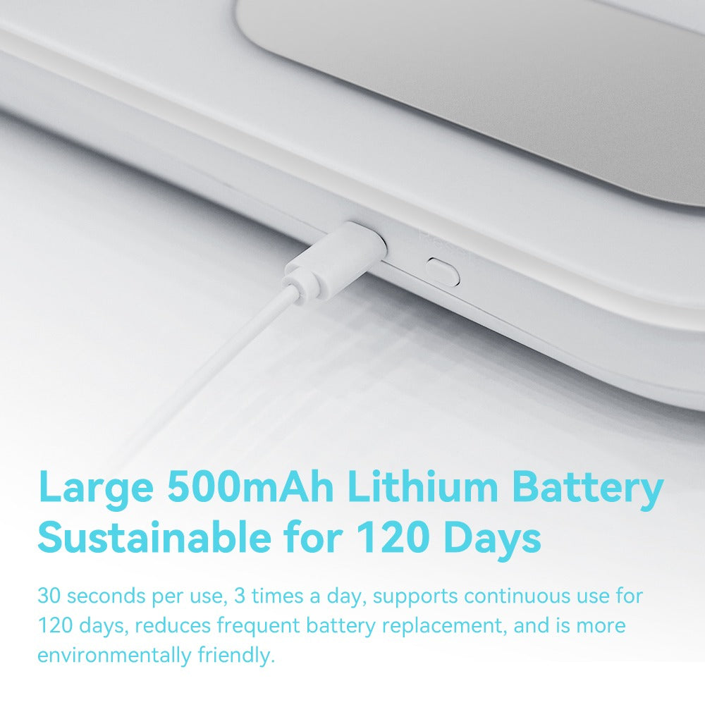 Product with a large 500mAh lithium battery and text highlighting its sustainability.