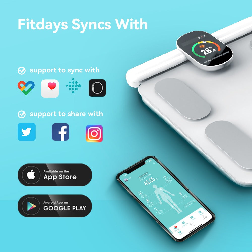 Smartwatch and smartphone with Fitdays app on a blue background