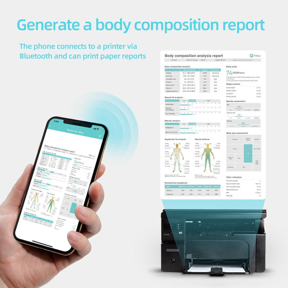 Hand holding a smartphone with app displaying body composition report, connected to a printer.