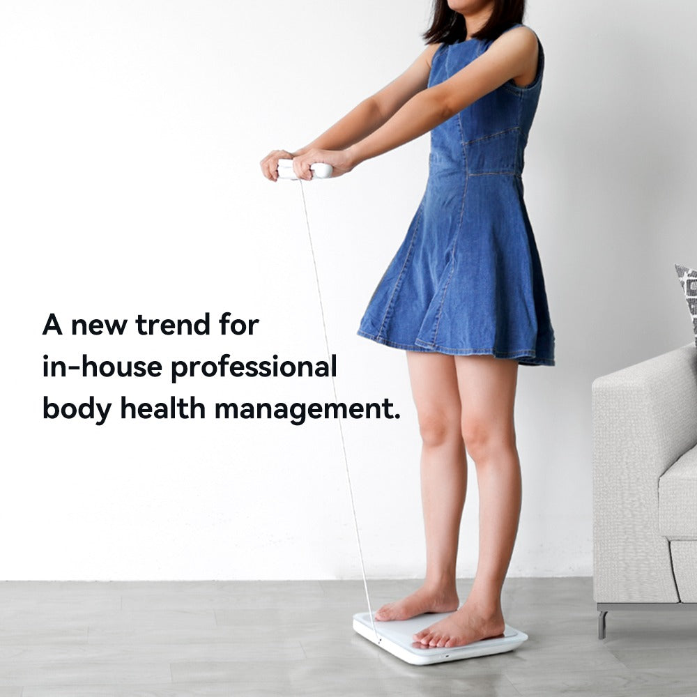 Woman using a smart scale with text about in-house professional body health management.