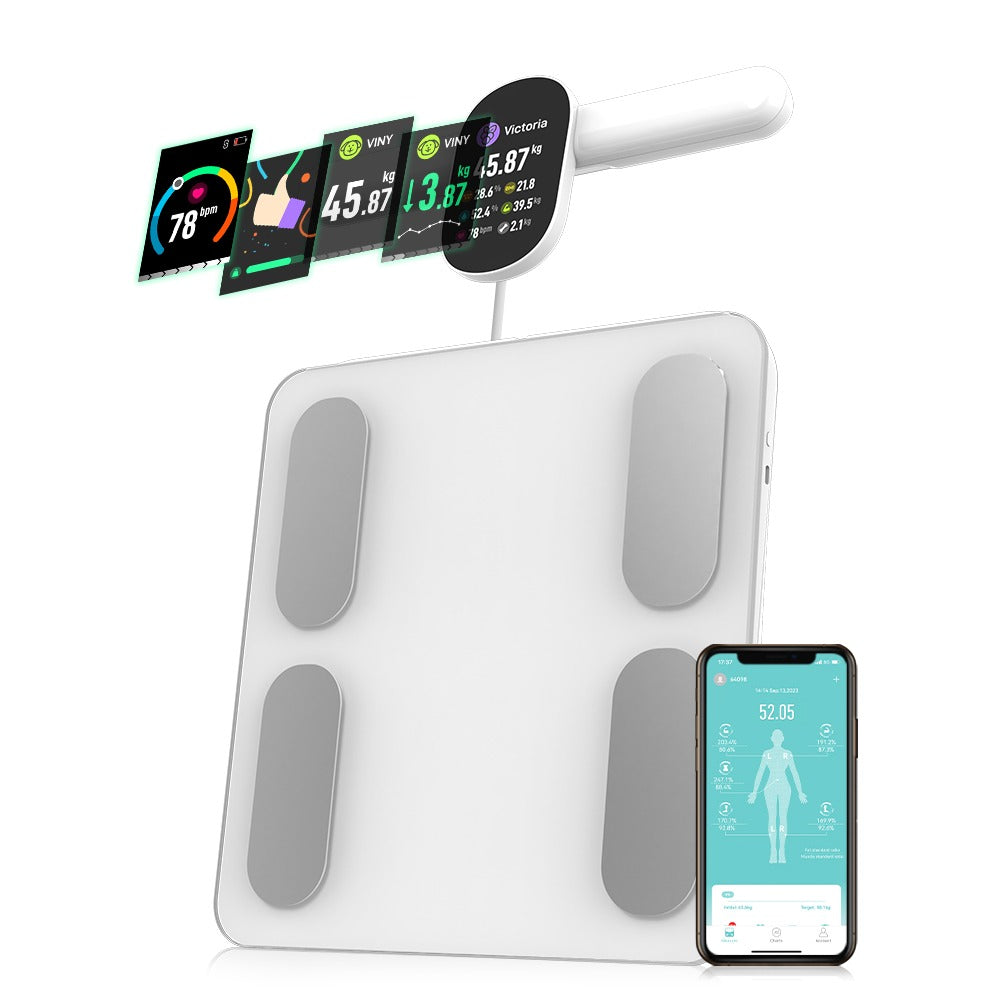 Smart weight scale with digital display and smartphone app on a white background