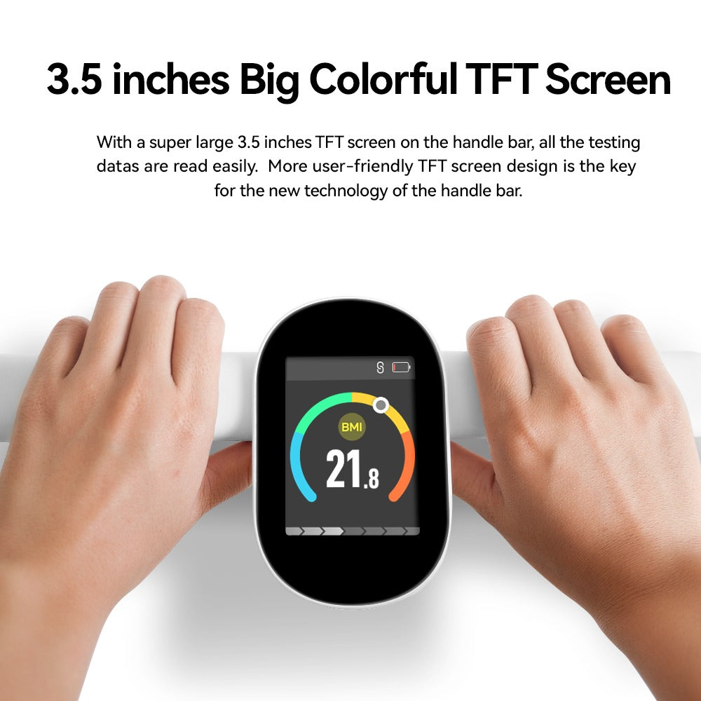 Person using a device with a 3.5-inch TFT screen displaying BMI readings, held by two hands.